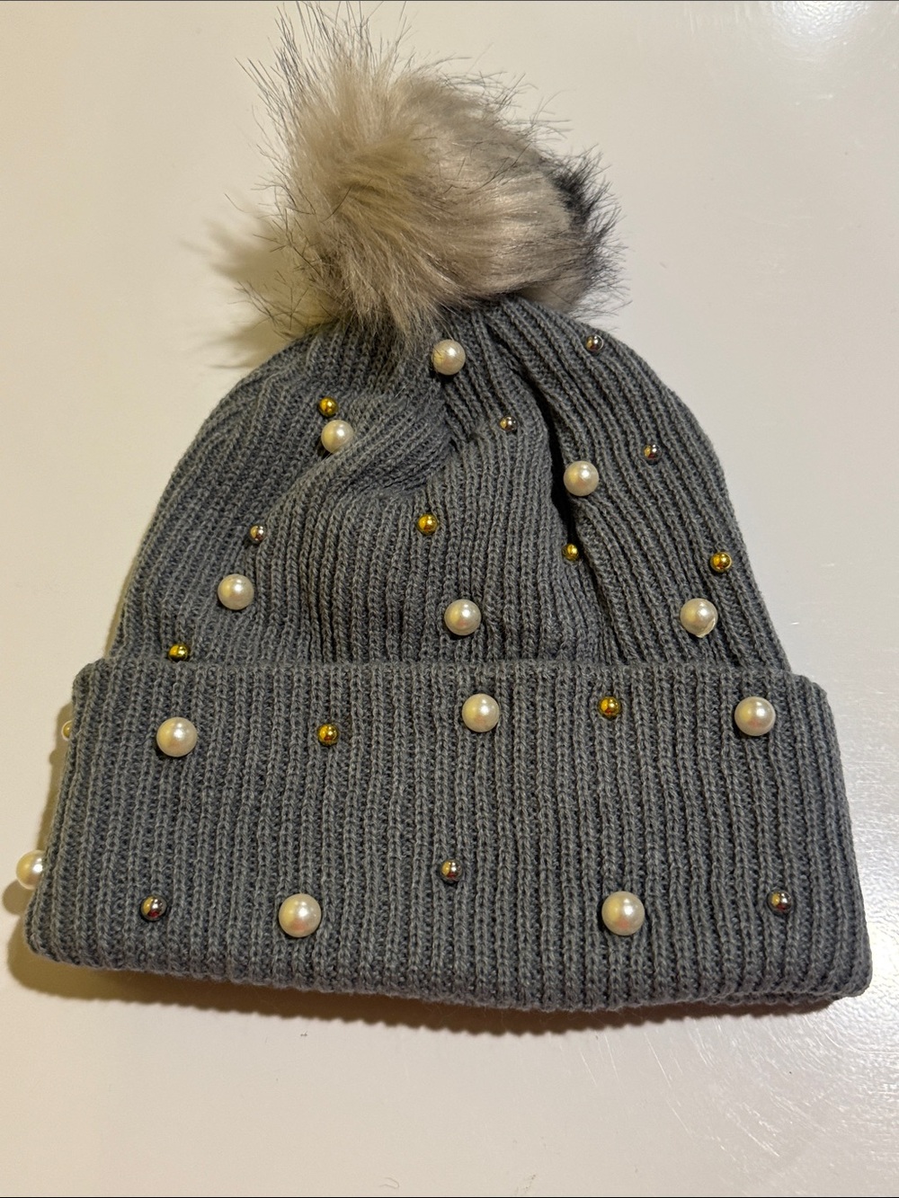 Gray Pearl-Studded Faux Fur Pom Beanie - Women Accessories